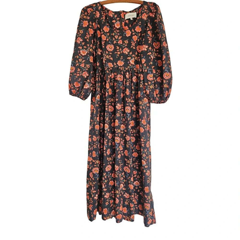The GREAT. Floral Midi Dress Puff Sleeve Empire Waist Black Orange Size 0‎